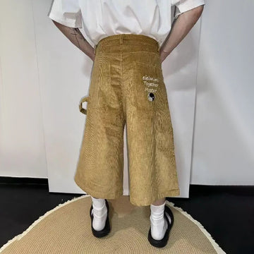 Aidase Mens Corduroy Casual Wide Leg Cropped Pants Genderless 2024 Spring New Breathable Streetwear Loose Versatile Shorts Unisex aidase-shop